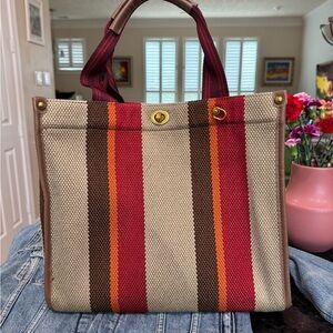Messenger Tote Bag, Stripped Color Contrast, Hobo, Canvas Shoulder, Satchel Bag